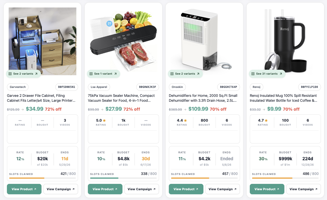 CreatorKit product cards showing deal details